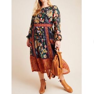 ANTHROPOLOGIE ADAIR VELVET-TRIMMED MIDI DRESS